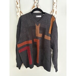 Vtg Bachrach men's sweater 3 D geometric pattern v-neck size large